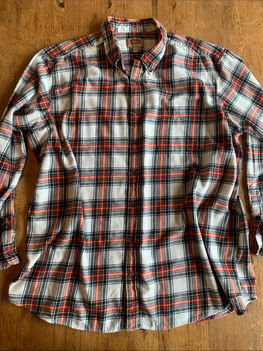 The Foundry Supply Co. White Plaid Button-Down Shirt with Navy & Orange Stripes